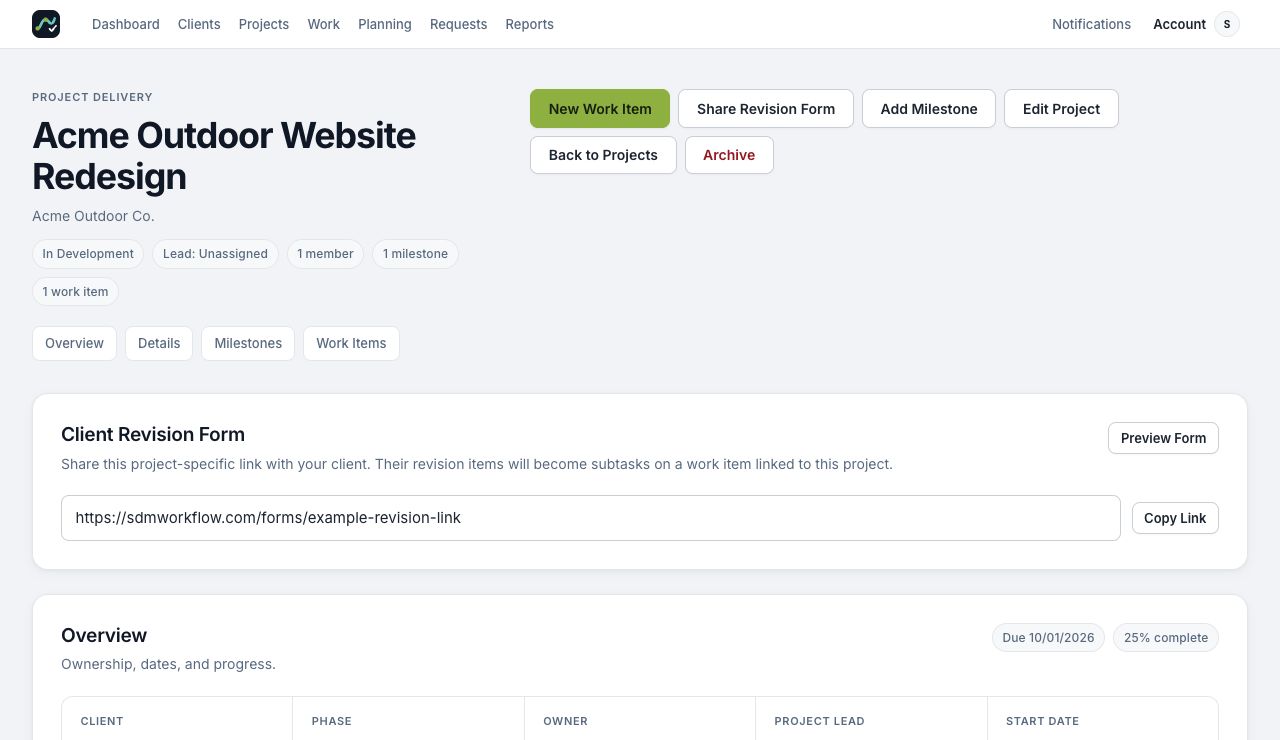 Project page showing the Share Revision Form, Preview Form, and Copy Link controls.