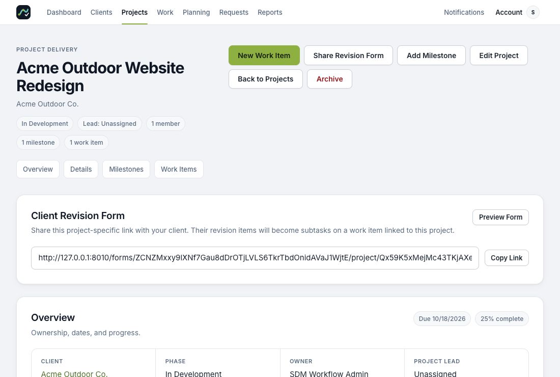 Project page with Share Revision Form, Preview Form, and Copy Link controls.