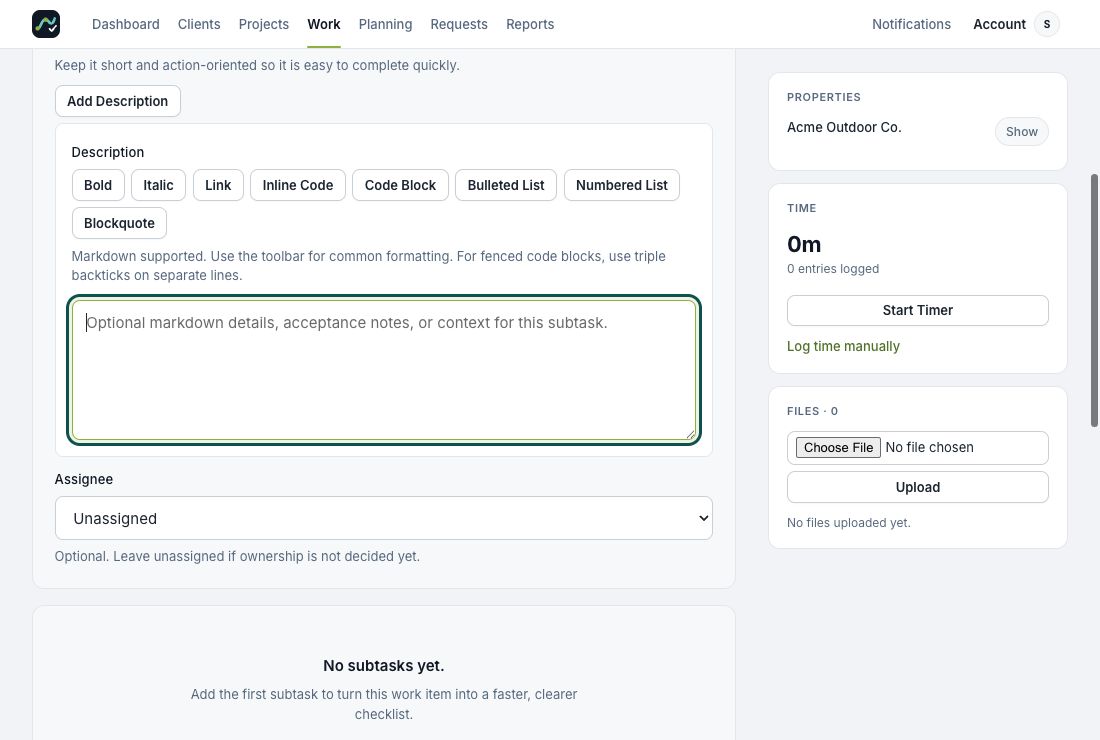 Expanded Add Description editor within the subtask form, above its Assignee control.