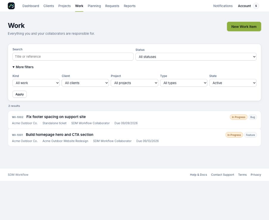 Work list with More filters expanded and the State selector visible.